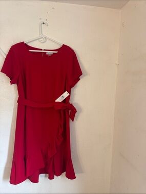 Calvin Klein Vibrant Red Short-Sleeve Ruffle Wrap Mini Dress